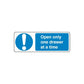 Safety sign vinyl sticker with blue exclamation symbol and text: Open only one drawer at a time