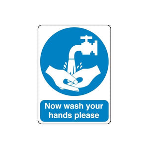 Safety sign decal: blue circle hand-washing icon, text 'Now wash your hands please'.
