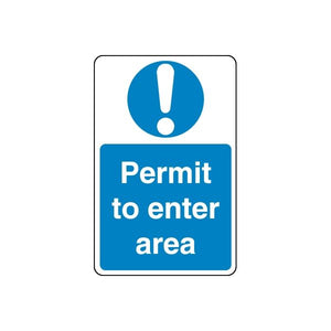 Safety sign decal: blue permit to enter area with white exclamation icon