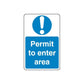 Safety sign decal: blue permit to enter area with white exclamation icon