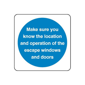 Safety sign vinyl decal: blue circle with white text about escape windows and doors