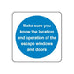 Safety sign vinyl decal: blue circle with white text about escape windows and doors