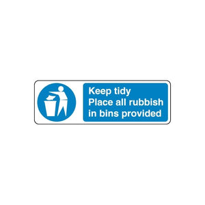 Safety sign wall decal with blue bin icon and text 'Keep tidy, rubbish in bins'