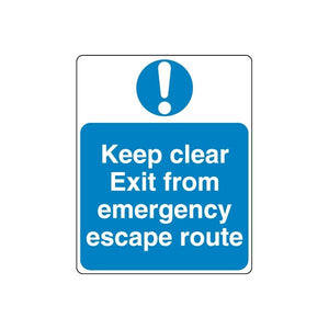 Square safety sign decal, blue with white exclamation and 'Keep clear Exit from emergency'.