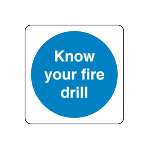 Safety decal sticker, square with blue circle: Know your fire drill.