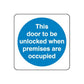 Safety sign wall decal, blue circular sticker with white text on rounded square outline