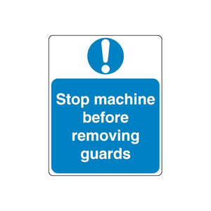 Blue safety sign vinyl decal: white exclamation and 'Stop machine before removing guards'