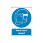 Safety sign wall decal with blue face shield icon and text "Wear face shield"