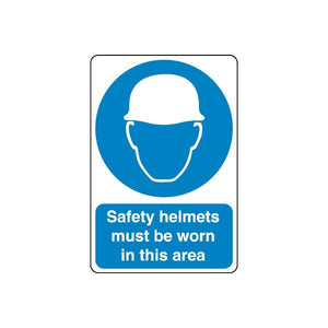 Safety helmet wall decal: blue circle helmet icon, text 'must be worn in this area'.
