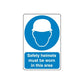 Safety helmet wall decal: blue circle helmet icon, text 'must be worn in this area'.