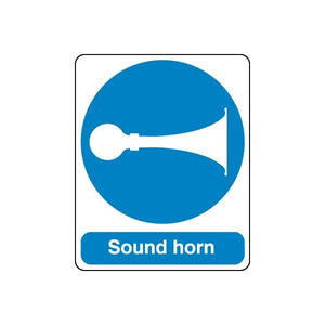 Sound horn safety sign vinyl decal with blue circle and horn icon