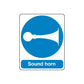 Sound horn safety sign vinyl decal with blue circle and horn icon
