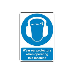 Safety sign wall decal with blue ear-protectors icon and Wear ear protectors text.