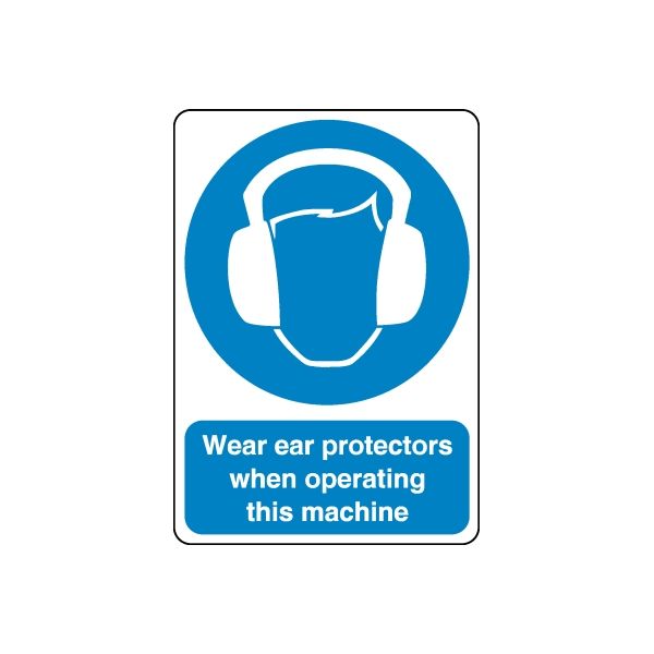 Safety sign wall decal with blue ear-protectors icon and Wear ear protectors text.