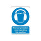 Safety sign wall decal with blue ear-protectors icon and Wear ear protectors text.