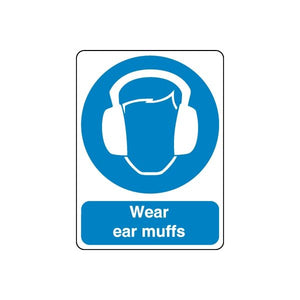 Safety sticker with blue ear muff icon and 'Wear ear muffs' text