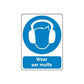 Safety sticker with blue ear muff icon and 'Wear ear muffs' text