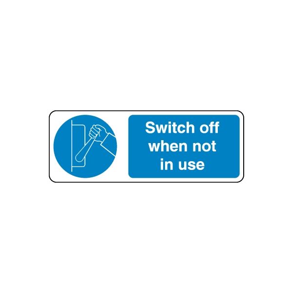 Safety sign wall decal with blue power-off icon and text "Switch off when not in use".