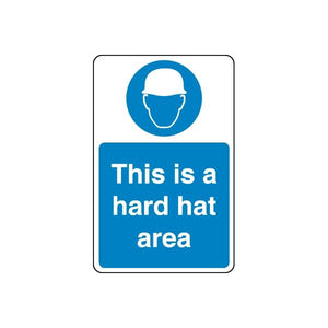 Blue safety sign vinyl decal: hard hat icon and 'This is a hard hat area'.