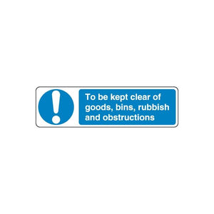 Safety warning sticker: blue exclamation icon with text, keep clear of goods