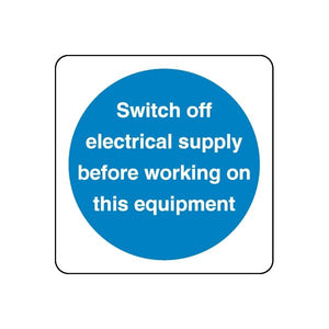 Safety sign wall decal: blue circle with white text to switch off electrical supply before working