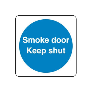 Safety sign wall decal with blue circle reading "Smoke door Keep shut"