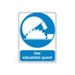 Blue and white safety sign vinyl sticker with arrow over guard and text 'Use adjustable guard'