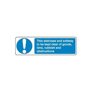 Safety stairway and exitway notice sticker with blue exclamation icon and warning text