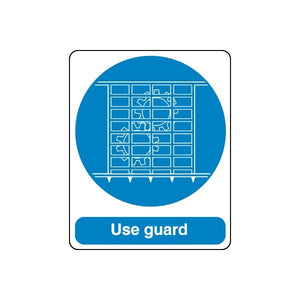 Safety sign sticker with blue circle, white guard icons, and 'Use guard' text