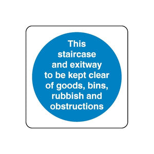 Safety sign wall decal: blue circle with white text 'staircase and exitway'.