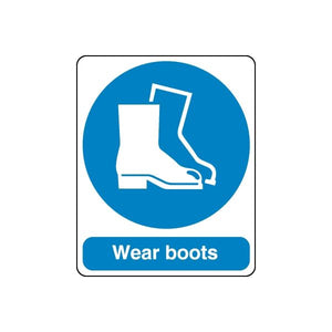 Safety sign decal with blue circle, white boot icon, and Wear boots text