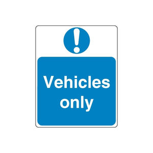Blue safety sticker sign with exclamation mark and text "Vehicles only"