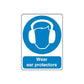 Vinyl safety sign sticker with ear protectors icon and 'Wear ear protectors' text