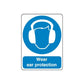 Blue safety sign wall decal: ear protection icon with 'Wear ear protection' text