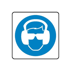 Safety sign wall decal: white square with blue circle and white protective helmet icon