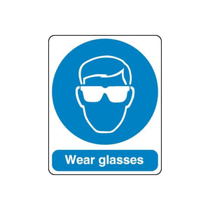 Safety sign sticker: face with glasses in blue circle, text “Wear glasses”
