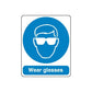 Safety sign sticker: face with glasses in blue circle, text “Wear glasses”