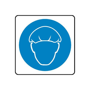 Safety sign wall decal with white hard hat icon on blue circle, die-cut vinyl