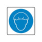 Safety sign wall decal with white hard hat icon on blue circle, die-cut vinyl