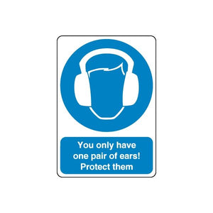 Blue safety sign wall decal with ear protection icon and message: Protect them