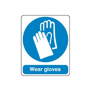 Safety gloves warning decal with blue circle hand icon and Wear gloves text