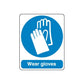 Safety gloves warning decal with blue circle hand icon and Wear gloves text