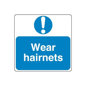 Safety sign decal with exclamation icon and Wear hairnets text