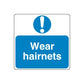 Safety sign decal with exclamation icon and Wear hairnets text