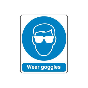 Safety goggles wall decal: blue circle with goggles icon and "Wear goggles" text