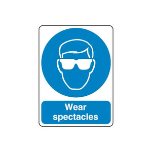 Safety sign decal with blue goggles icon and text 'Wear spectacles'