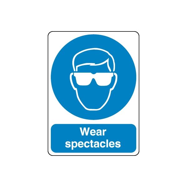 Safety sign decal with blue goggles icon and text 'Wear spectacles'