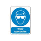 Safety sign decal with blue goggles icon and text 'Wear spectacles'
