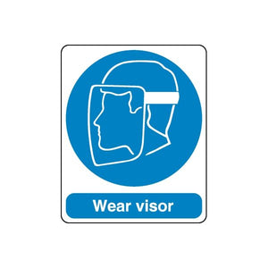 Safety sign vinyl sticker: blue visor icon with text “Wear visor”.