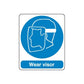 Safety sign vinyl sticker: blue visor icon with text “Wear visor”.